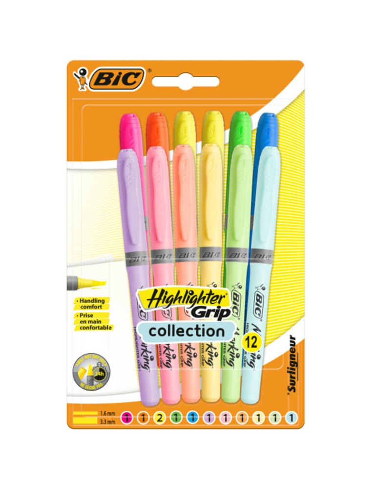 BIC HIGHLIGHTER GRIP HIGHLIGHTERS CUTTED TIP BLISTER OF 12 COLORS