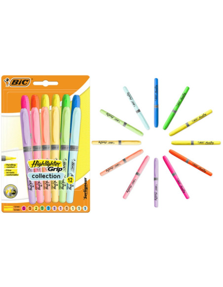 BIC HIGHLIGHTER GRIP HIGHLIGHTERS CUTTED TIP BLISTER OF 12 COLORS